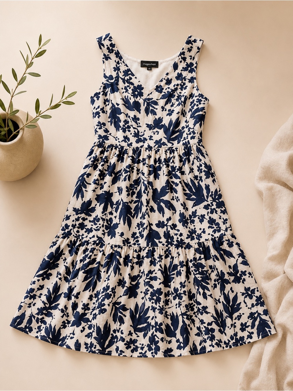 Magaschoni Linen Blend Floral Midi Dress | Cotton Lined | Navy & Ivory